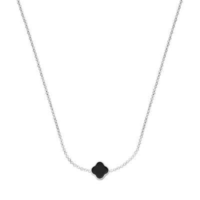 Black Enamel Clover Custom Name Necklace (Silver)