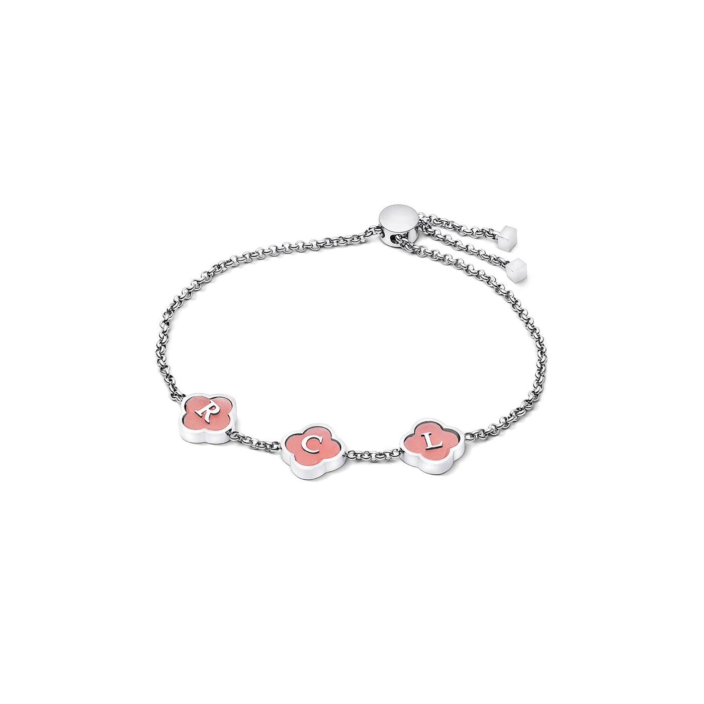 Rose Quartz Clover Custom Name Bracelet (Silver)