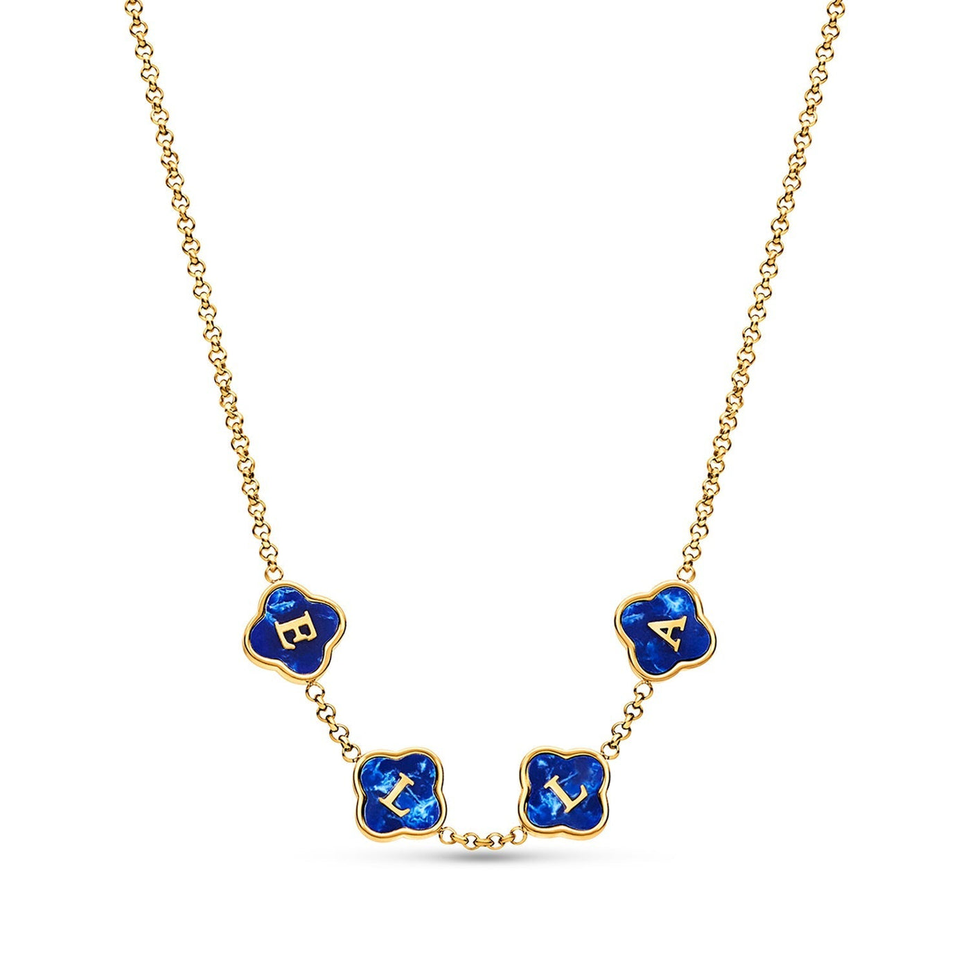 Blue Lace Agate Clover Custom Name Necklace (Gold)