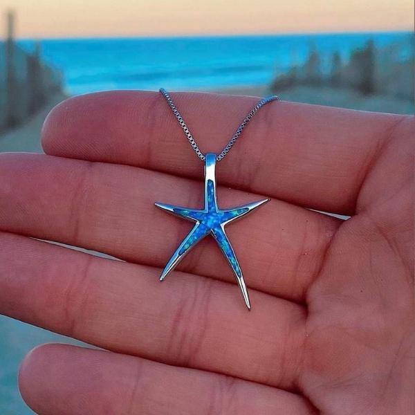 Collier étoile de mer en opale bleue et argent 