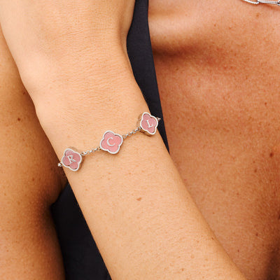 Rose Quartz Clover Custom Name Bracelet (Silver)