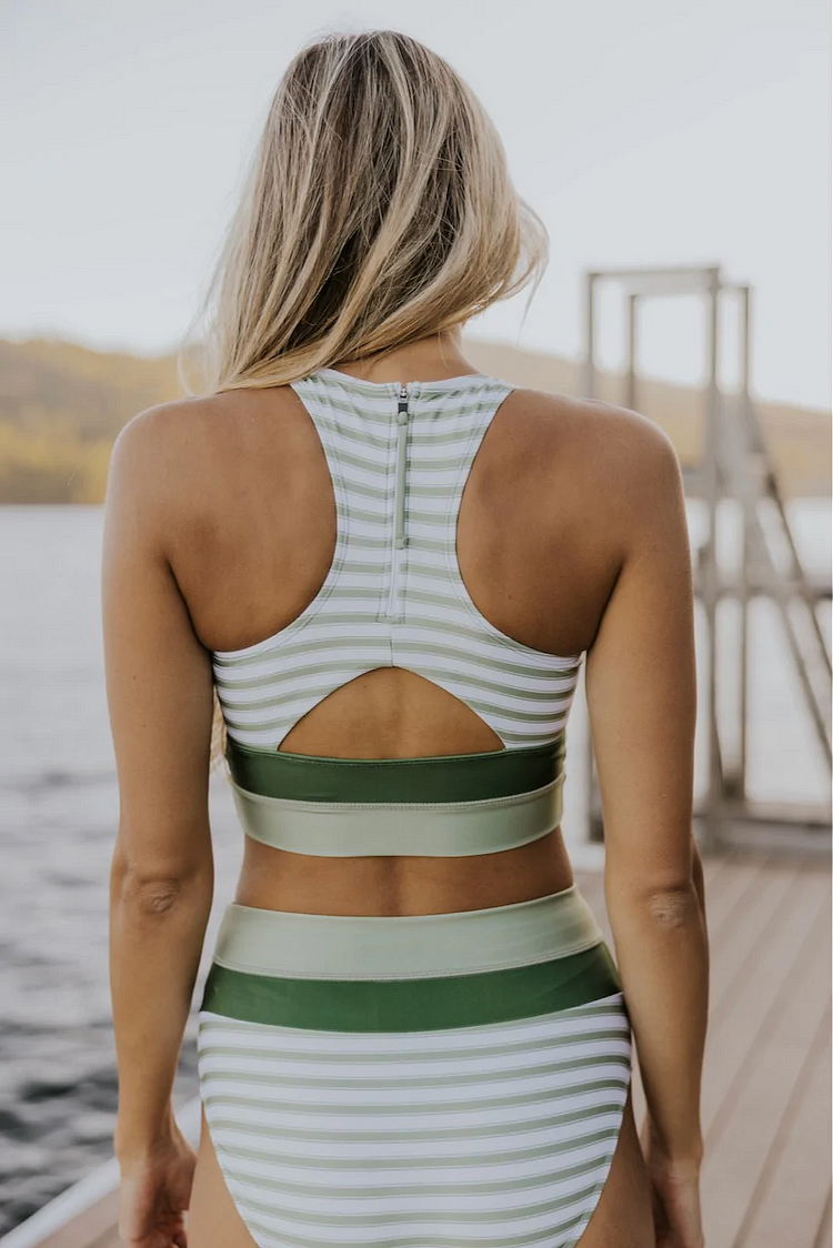 High Waist Square Neck Green Striped Bikini Set
