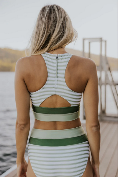 High Waist Square Neck Green Striped Bikini Set