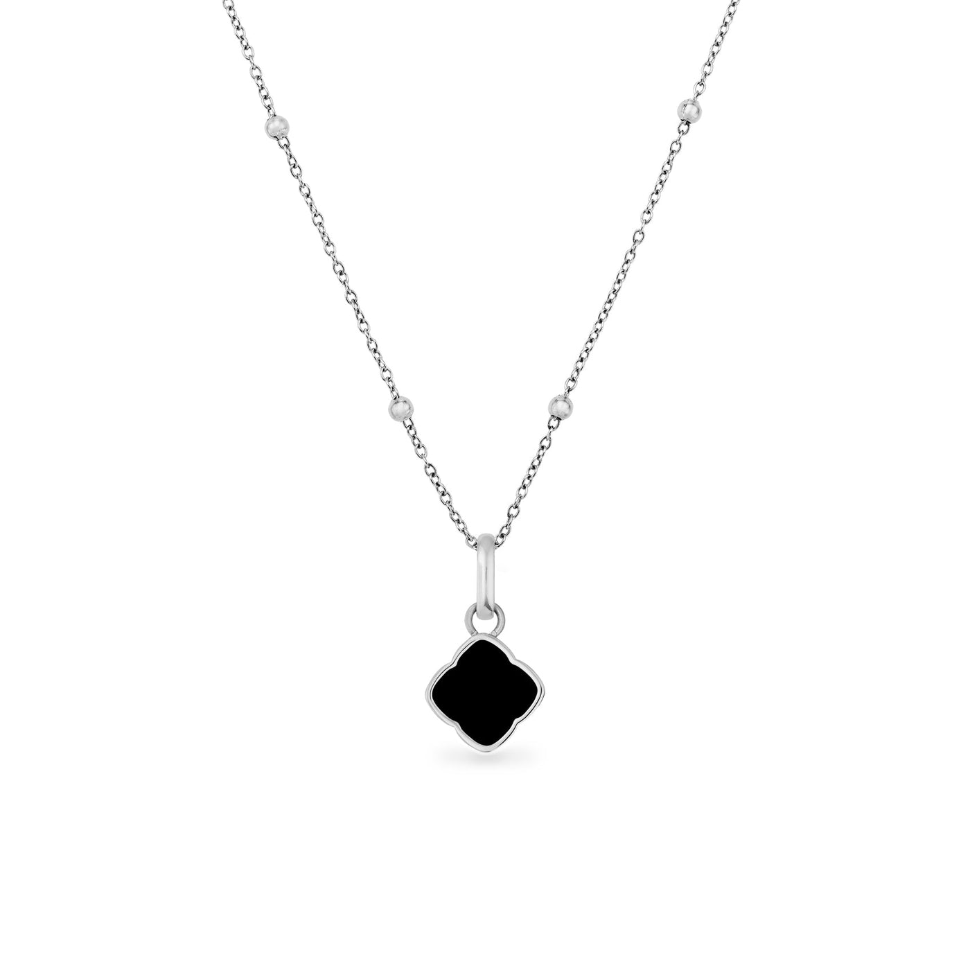 Black Enamel Clover Pendant Necklace (Silver)