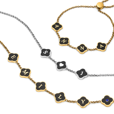 Black Enamel Clover Custom Name Necklace (Silver)