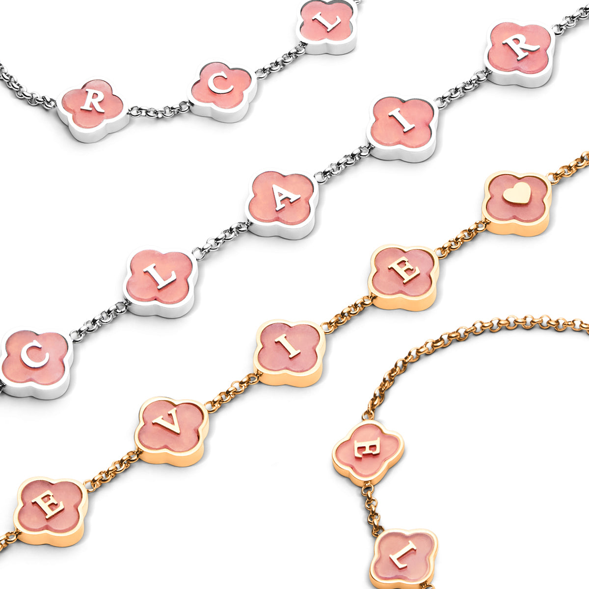 Rose Quartz Clover Custom Name Necklace (Silver)