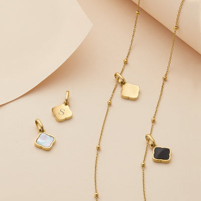 Black Enamel Clover & Initial Necklace (Gold)