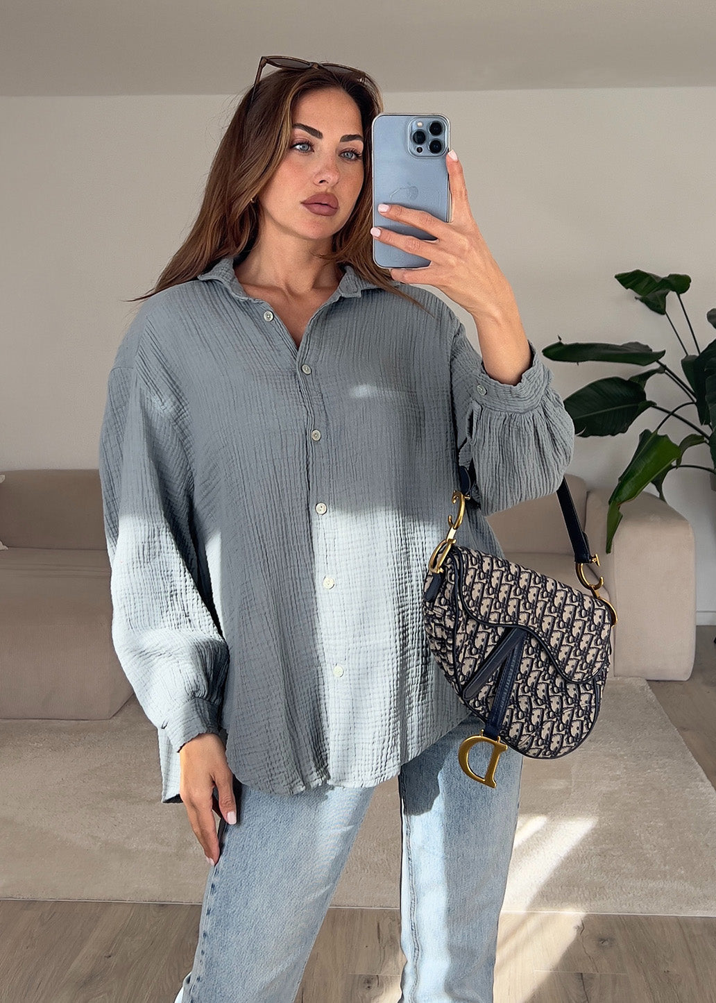 Musselin-Bluse Grau-Grün