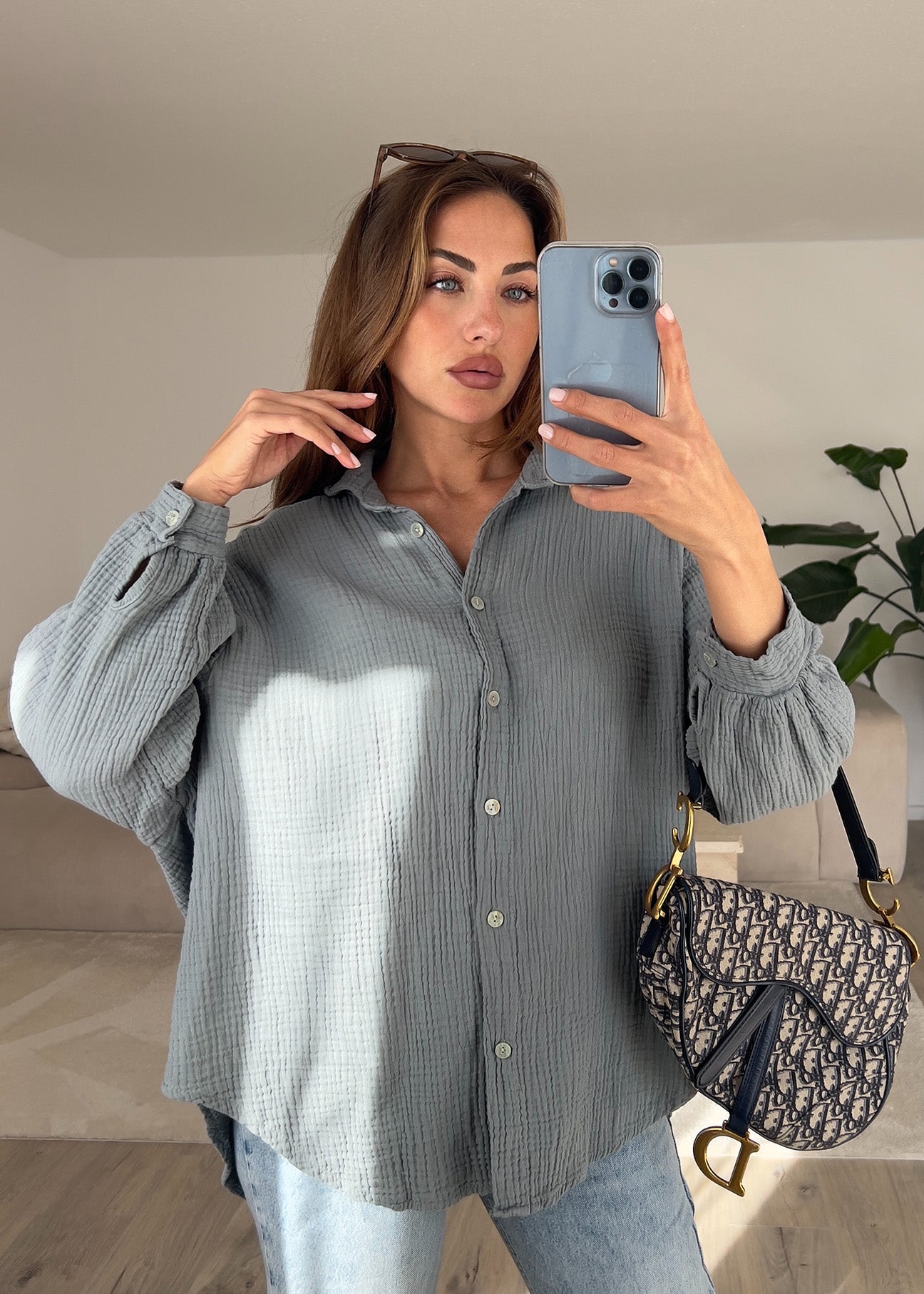 Musselin-Bluse Grau-Grün