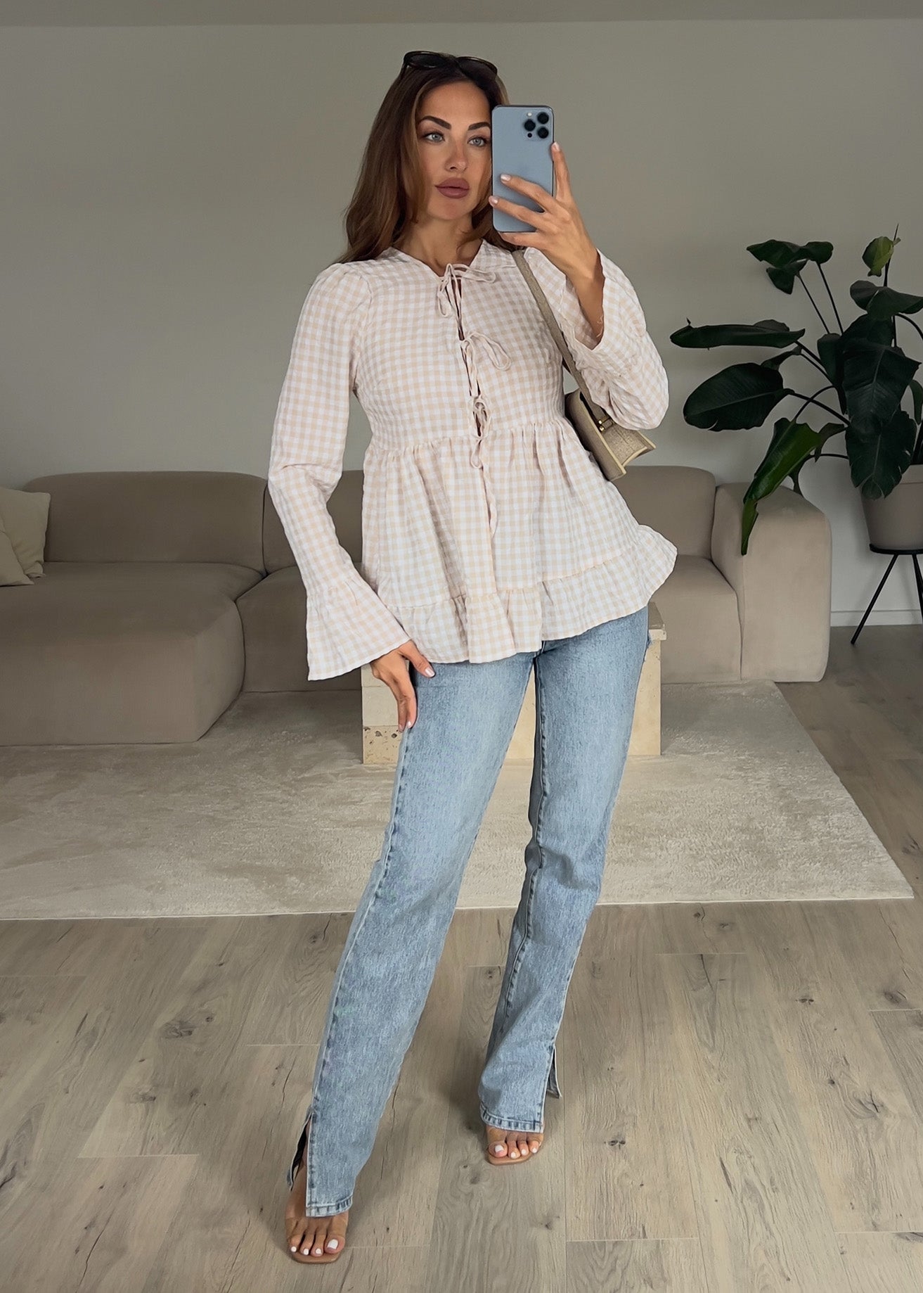 Bluse mit Karomuster Beige