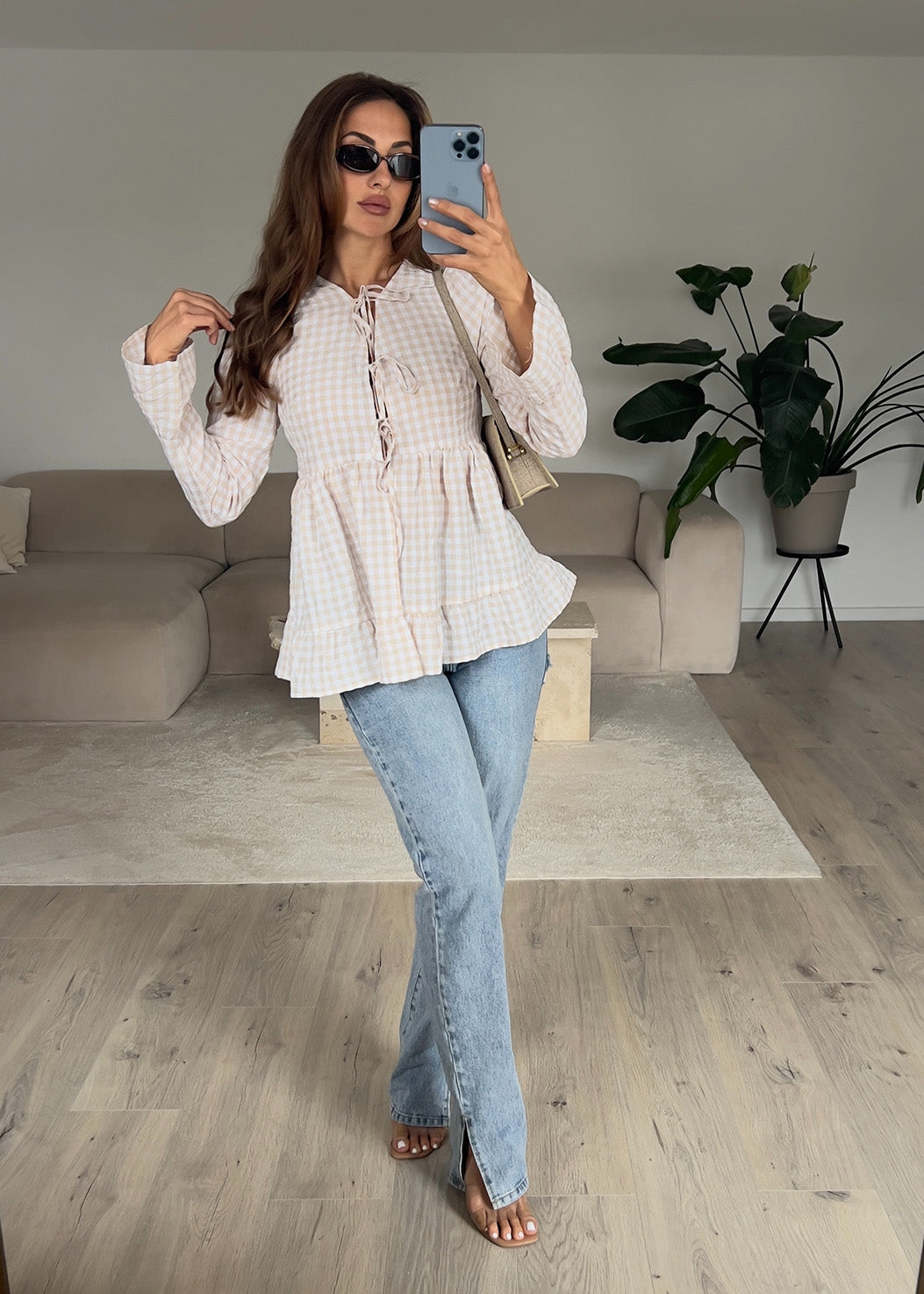 Bluse mit Karomuster Beige