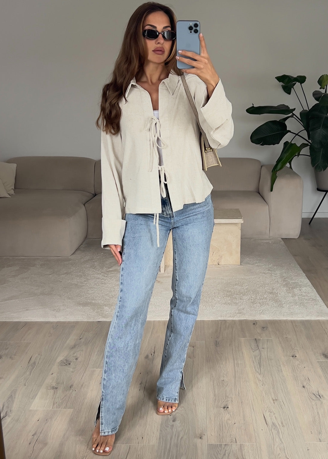 Bluse mit Schleifen Beige