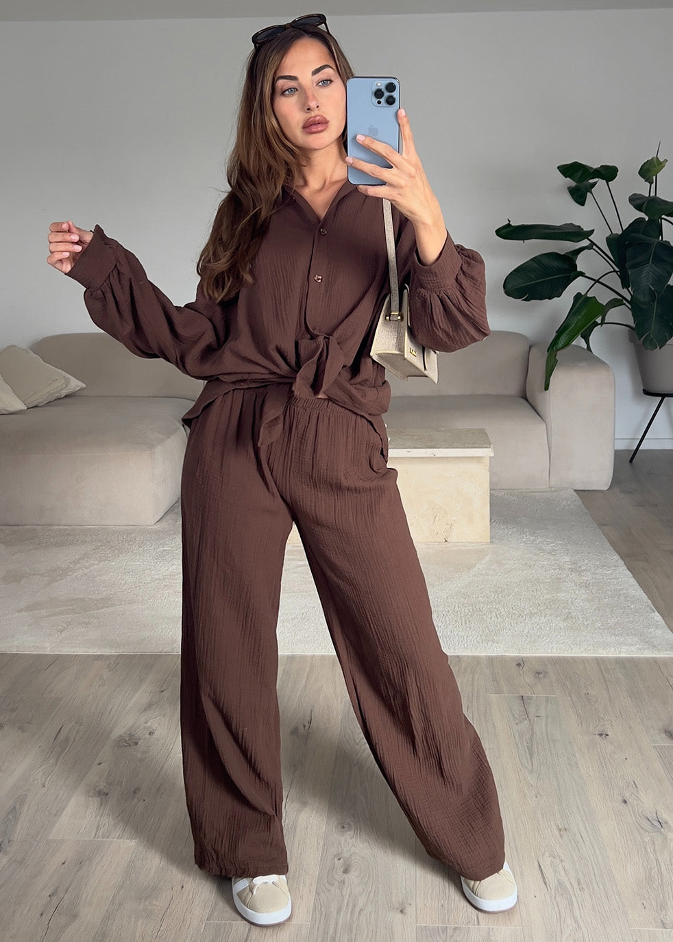 Oversize Musseline Set Dunkelbraun