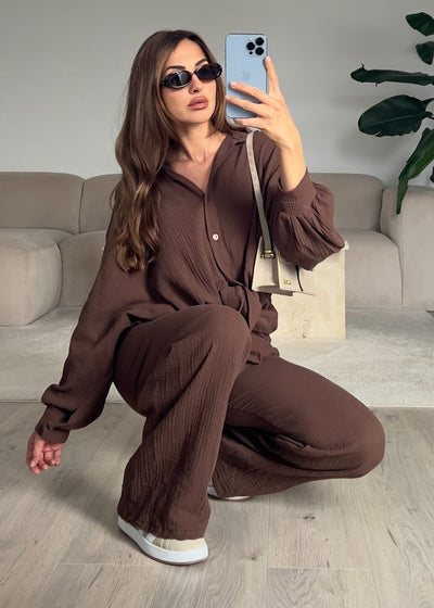 Oversize Musseline Set Dunkelbraun