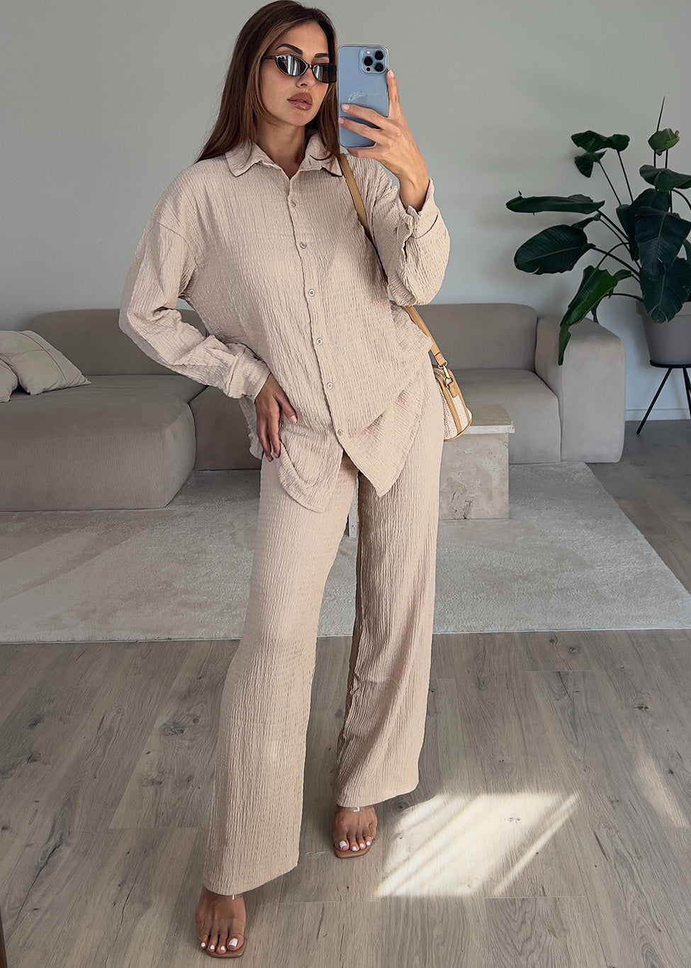 Zweiteiler aus strukturiertem Stoff Beige
