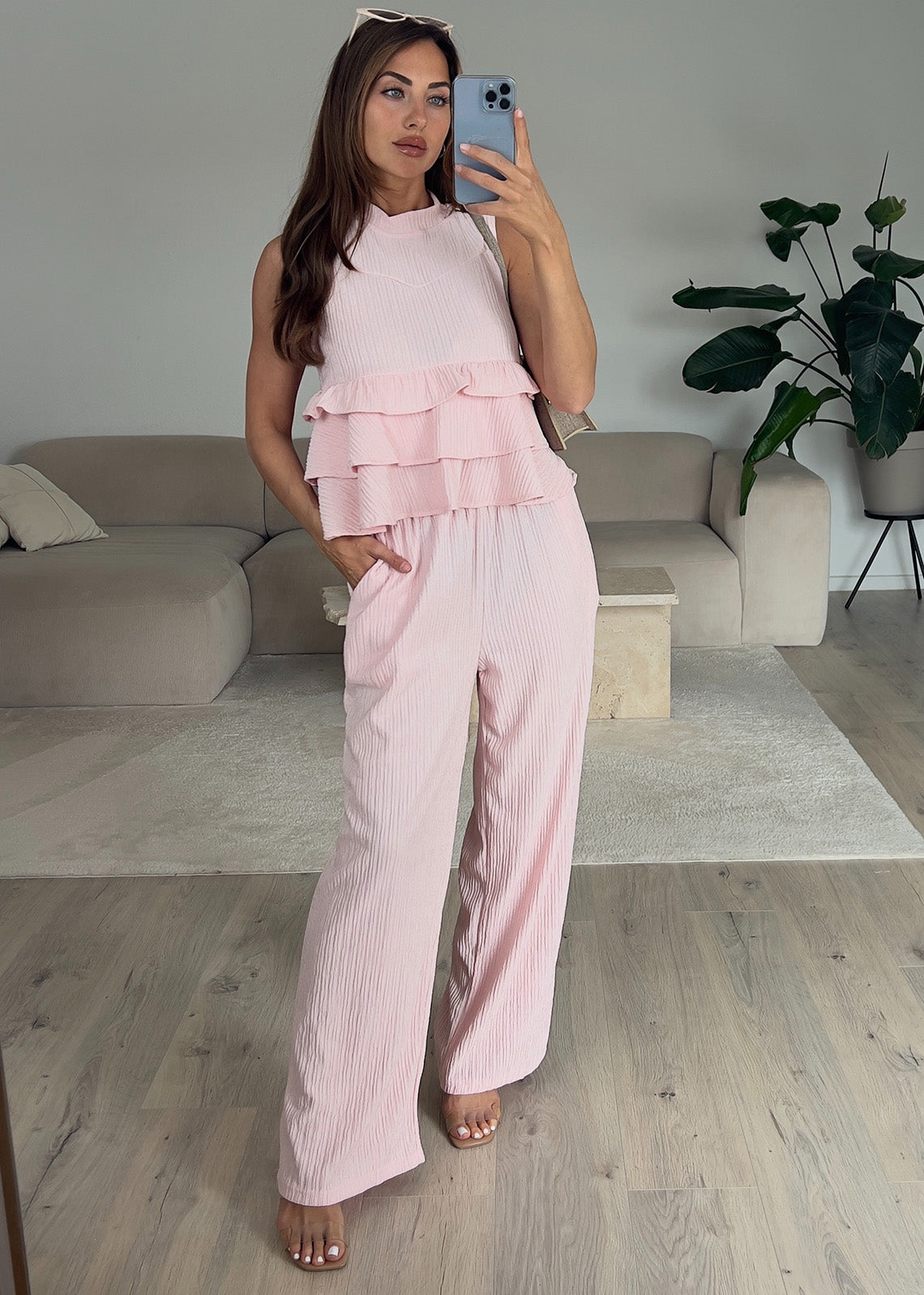 Zweiteiler Set mit Rüschen-Top Rosa