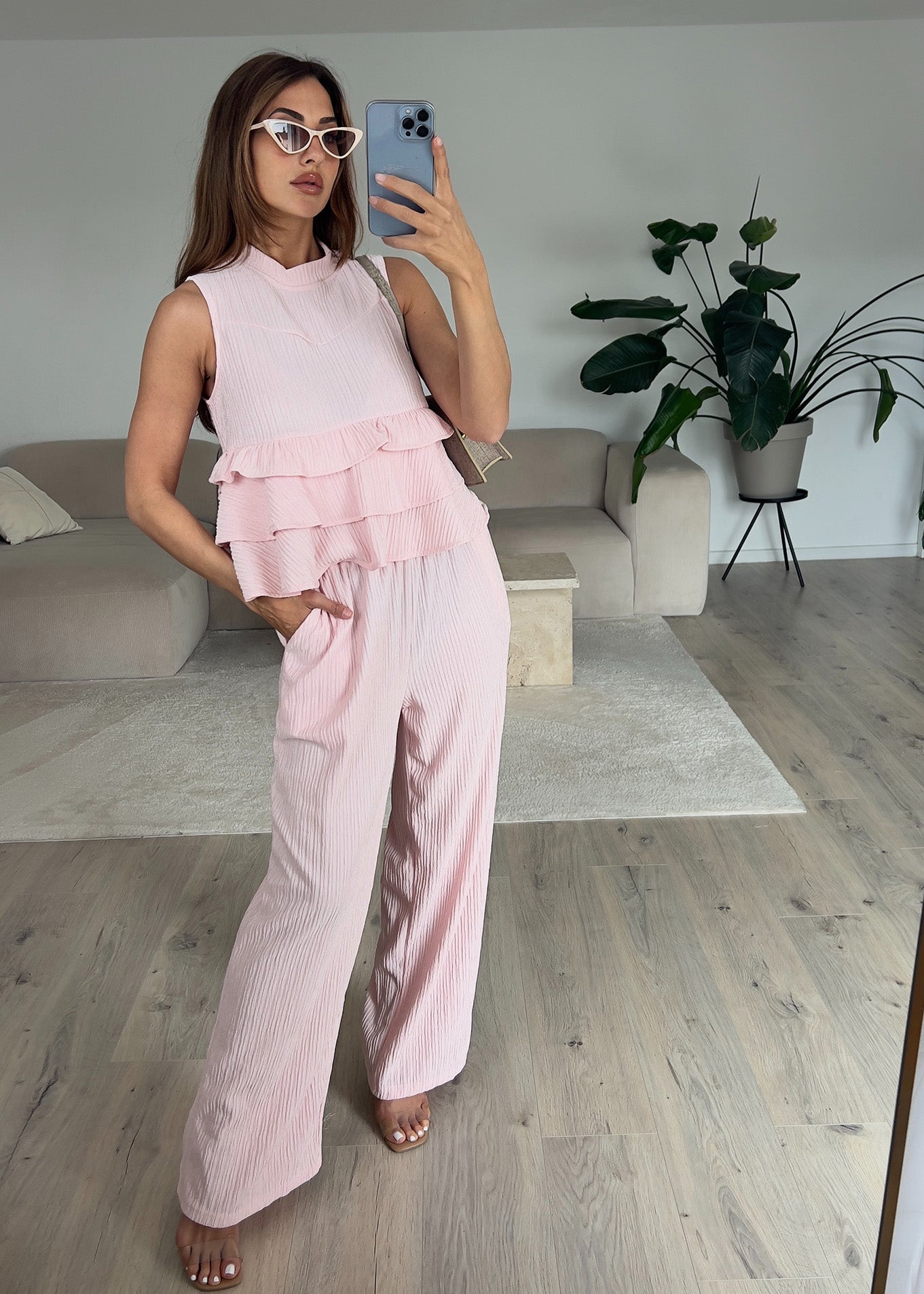 Zweiteiler Set mit Rüschen-Top Rosa