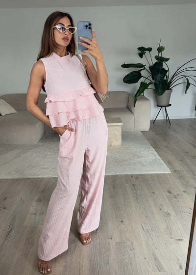 Zweiteiler Set mit Rüschen-Top Rosa