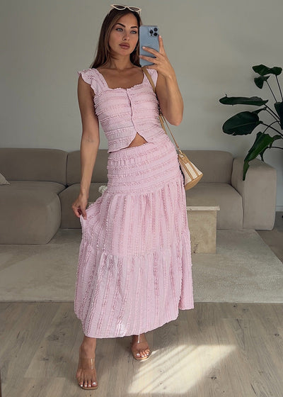 Zweiteiler Set mit Carmentop und Maxirock Rosa