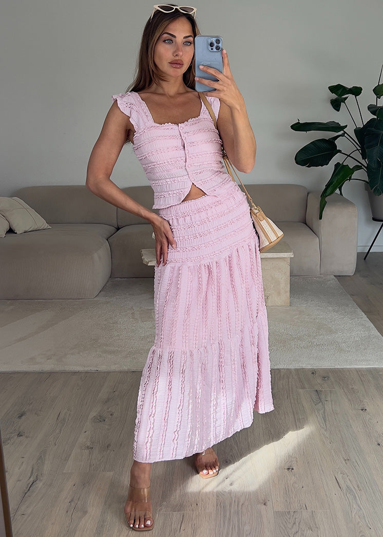 Zweiteiler Set mit Carmentop und Maxirock Rosa