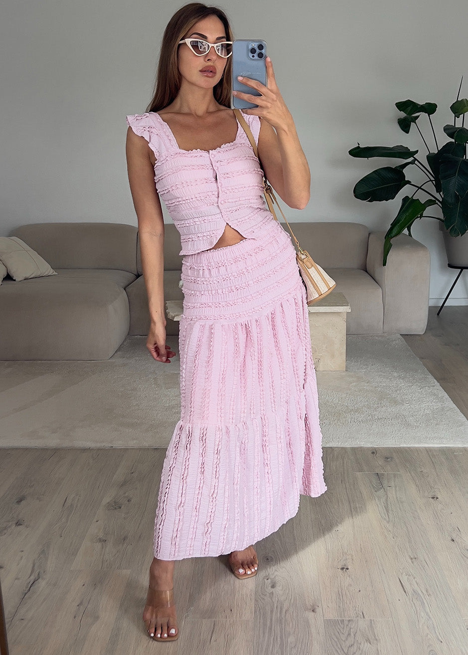 Zweiteiler Set mit Carmentop und Maxirock Rosa