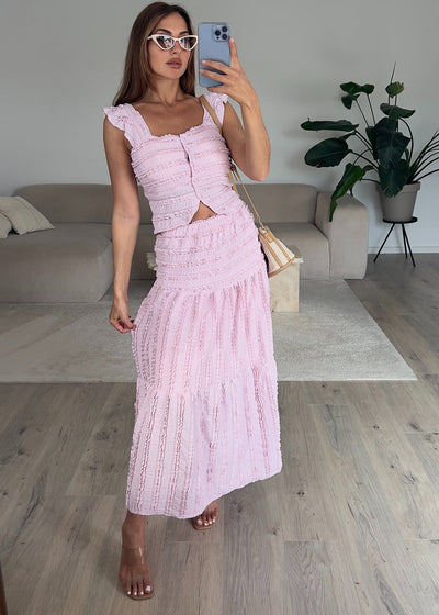 Zweiteiler Set mit Carmentop und Maxirock Rosa
