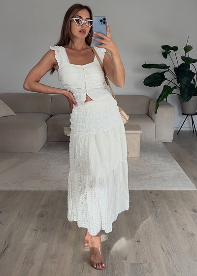 Zweiteiler Set mit Carmentop und Maxirock Beige