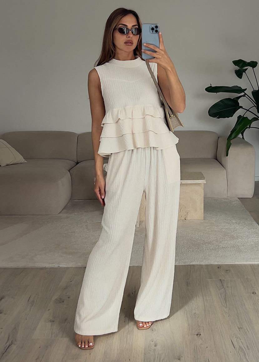 Zweiteiler Set mit Rüschen-Top Beige