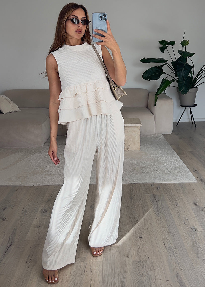 Zweiteiler Set mit Rüschen-Top Beige