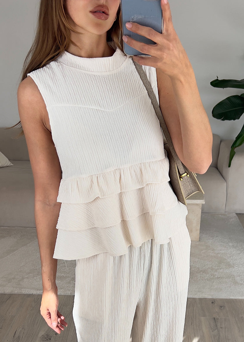 Zweiteiler Set mit Rüschen-Top Beige