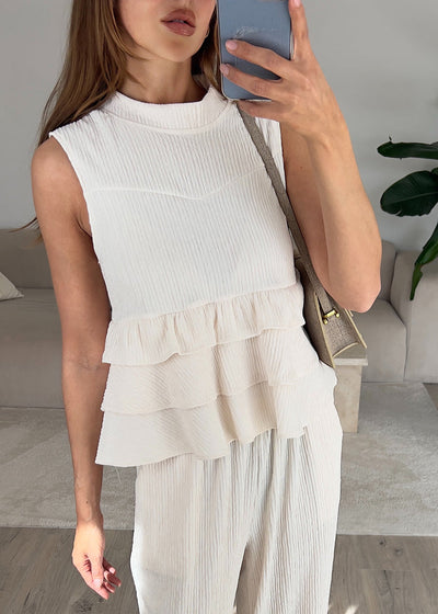 Zweiteiler Set mit Rüschen-Top Beige