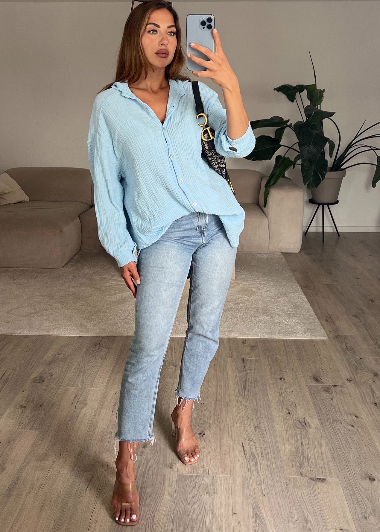 Lange Musselin-Bluse Hellblau
