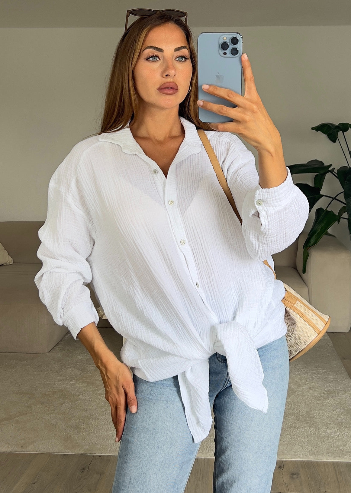 Lange Musselin-Bluse Weiß