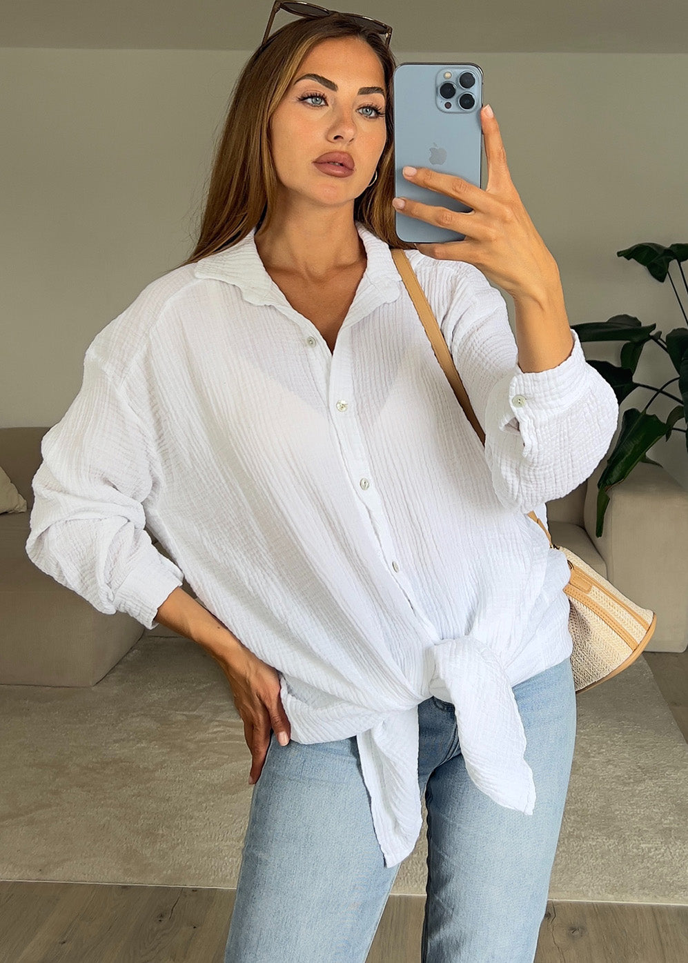 Lange Musselin-Bluse Weiß
