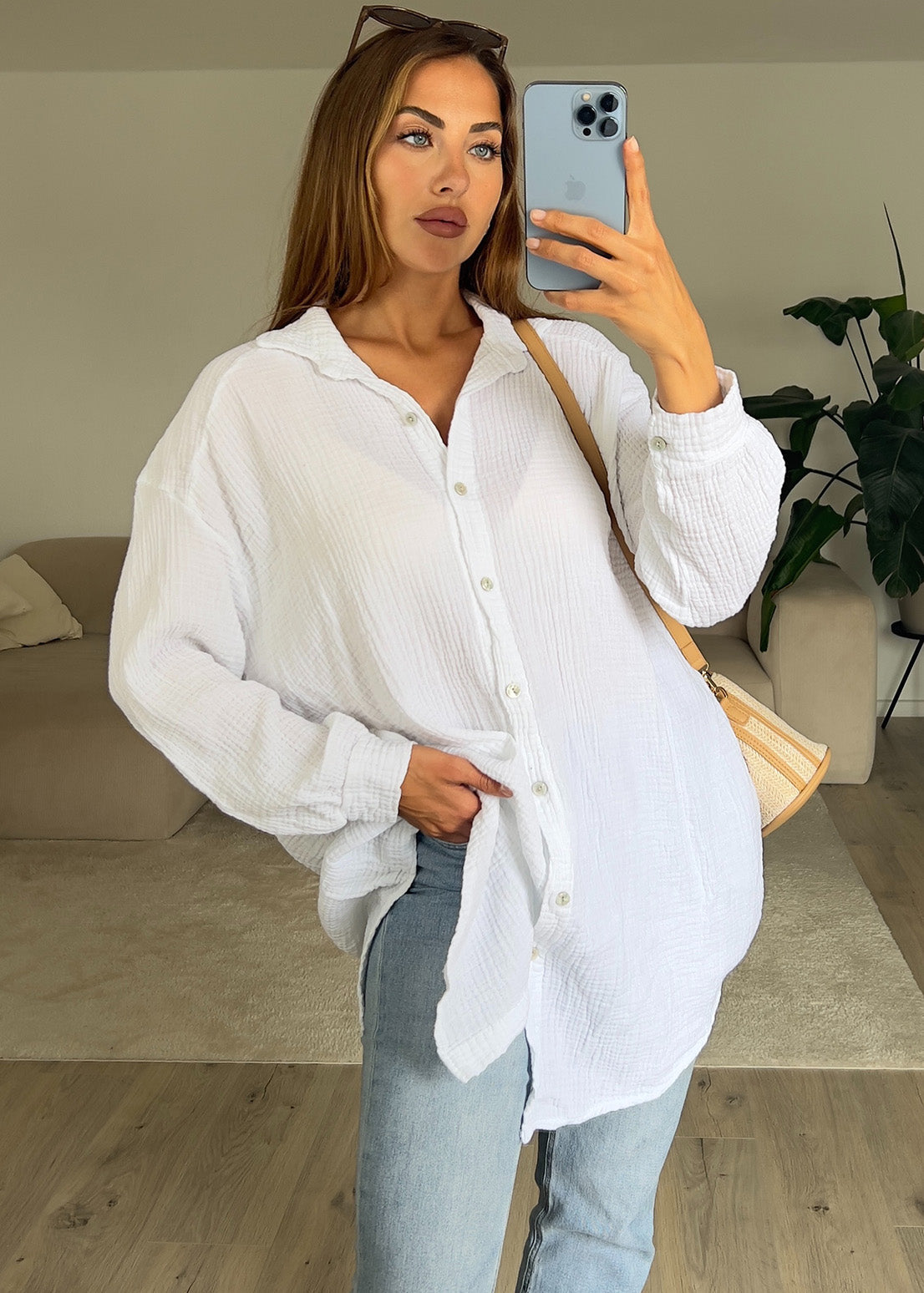 Lange Musselin-Bluse Weiß