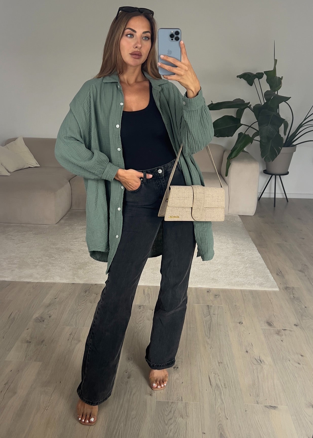 Lange Musselin-Bluse Khaki