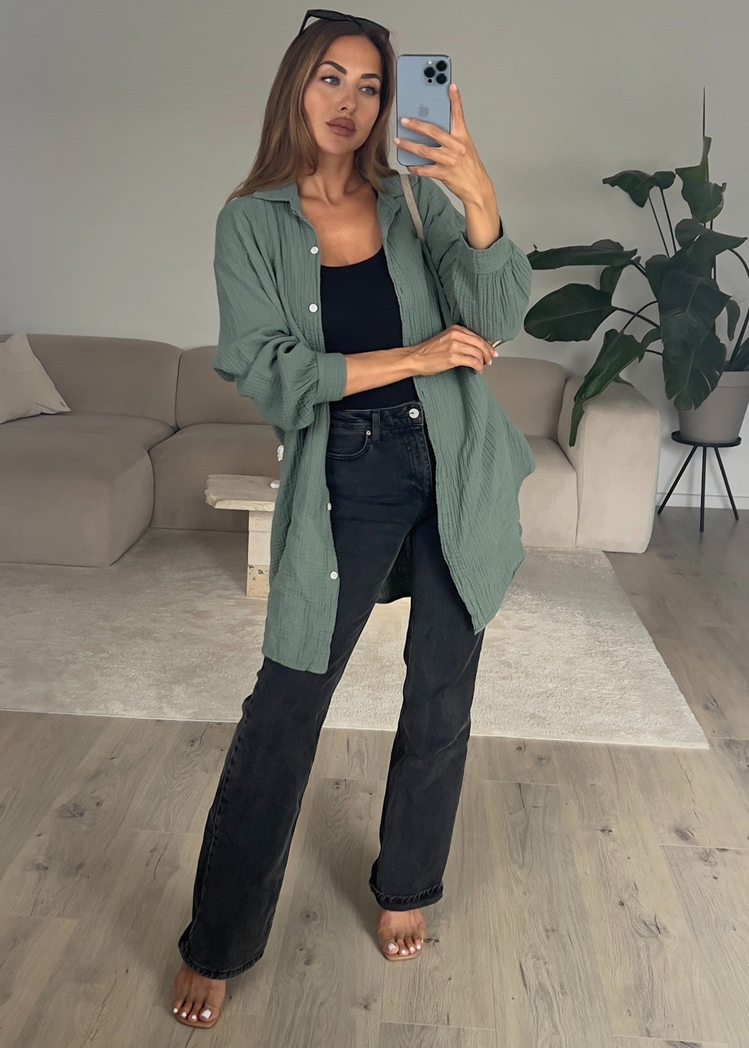 Lange Musselin-Bluse Khaki