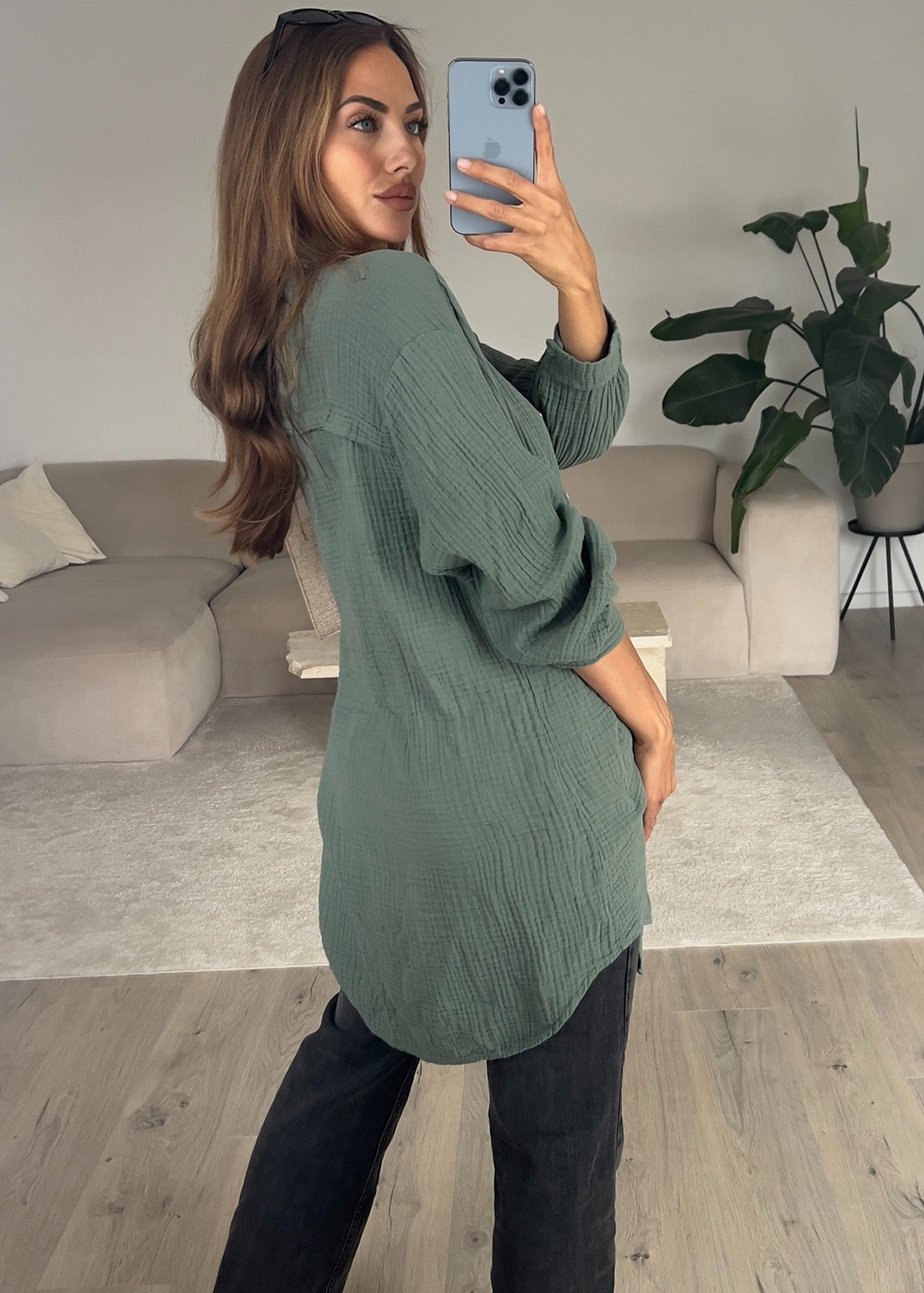 Lange Musselin-Bluse Khaki