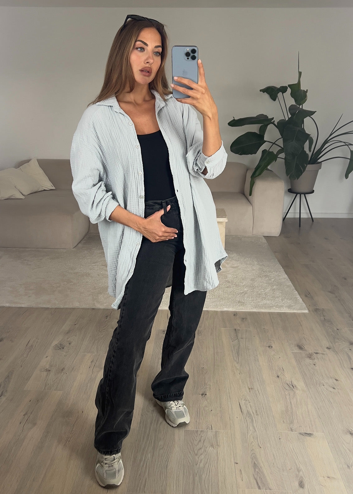 Lange Musselin-Bluse Grau