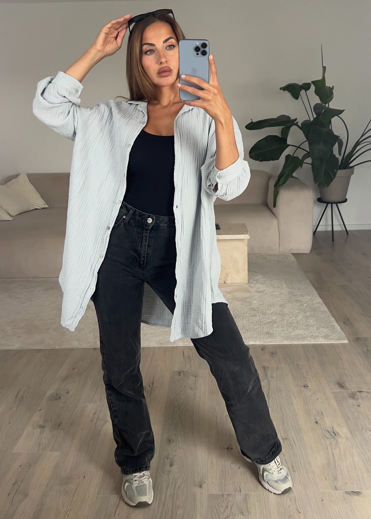 Lange Musselin-Bluse Grau