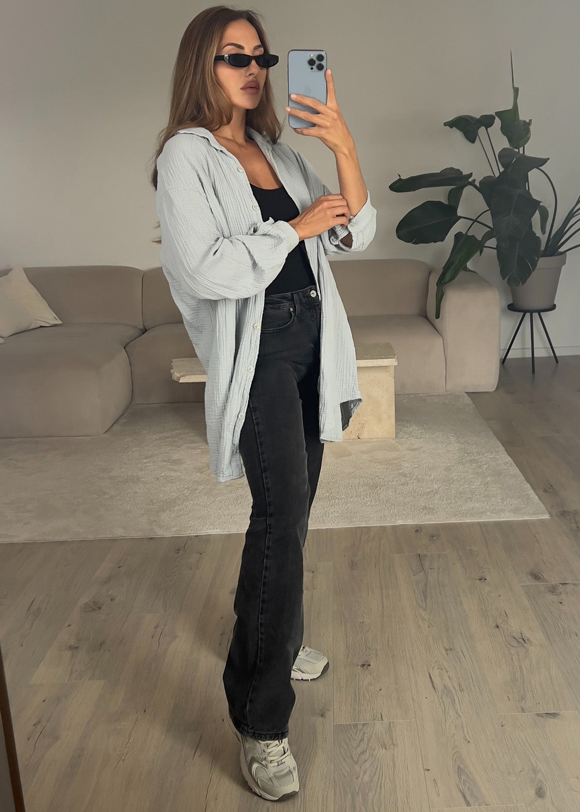 Lange Musselin-Bluse Grau