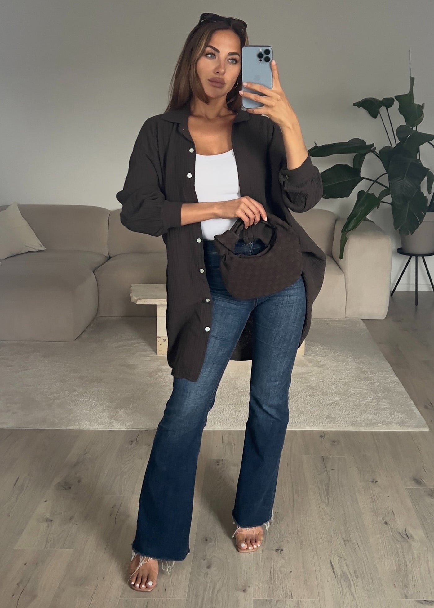 Lange Musselin-Bluse Dunkelbraun