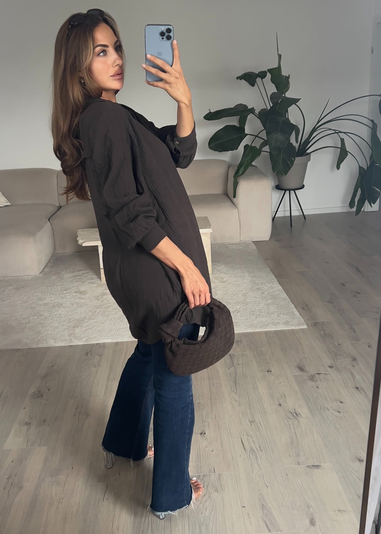 Lange Musselin-Bluse Dunkelbraun