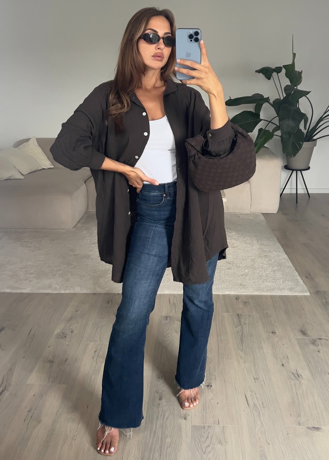 Lange Musselin-Bluse Dunkelbraun