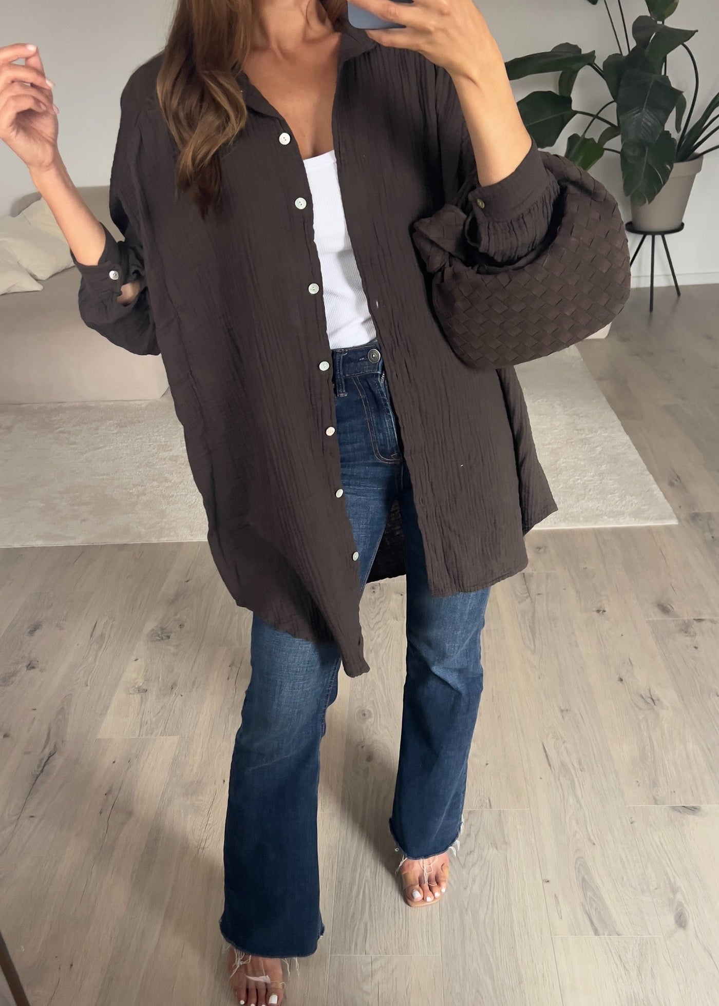 Lange Musselin-Bluse Dunkelbraun