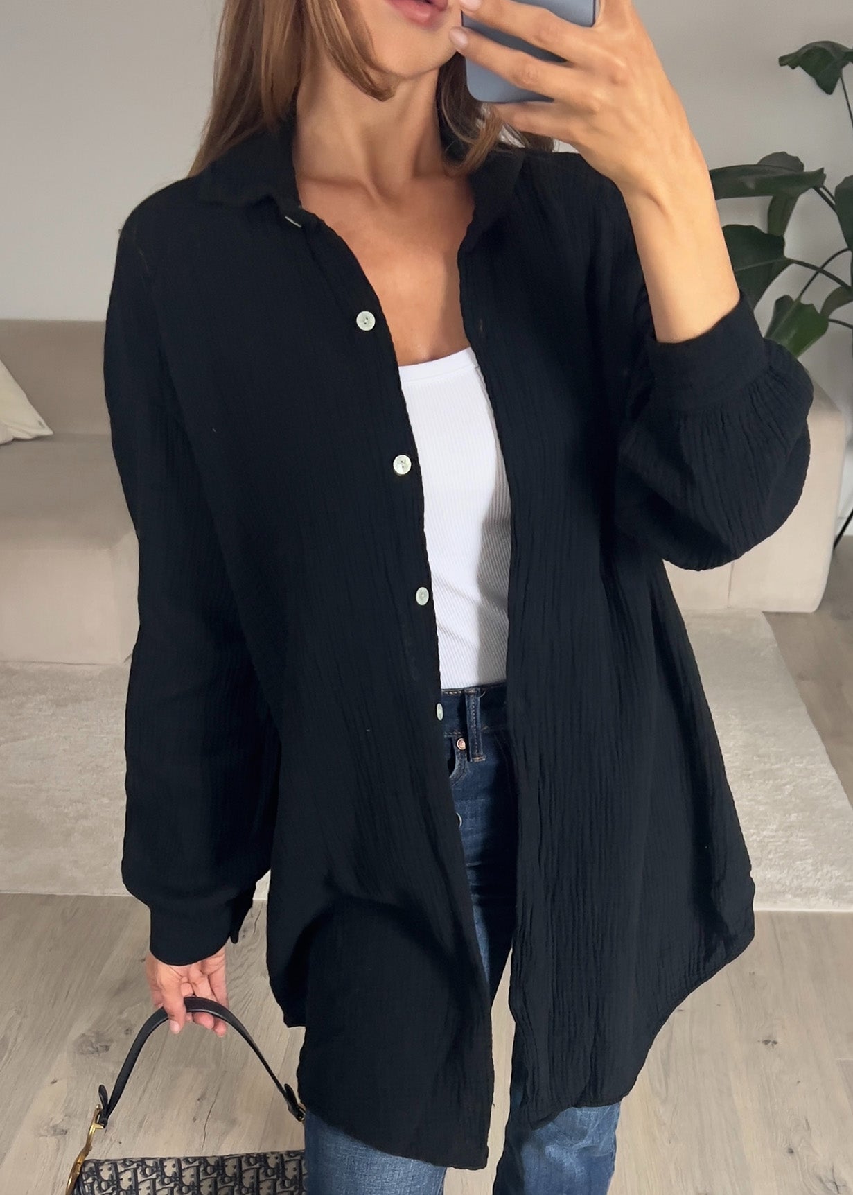 Lange Musselin-Bluse Schwarz
