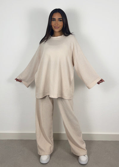Cord-Set mit Oberteil und Hose Beige
