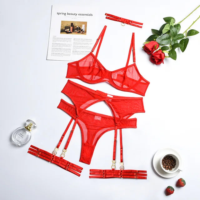 Richeza™ | Transparentes 4-teilige Dessous-Set mit Strapshaltern