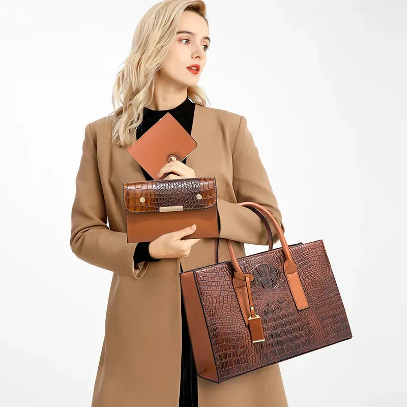Sabina | Elegantes Handtaschenset mit Krokodilhautmuster, Handtasche und Clutch