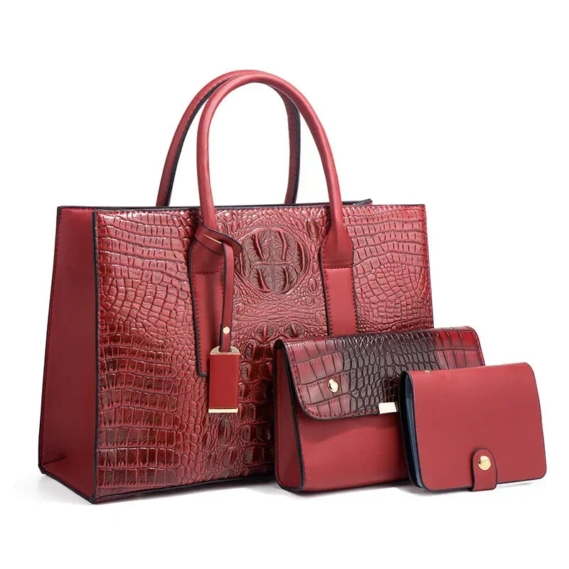 Sabina | Elegantes Handtaschenset mit Krokodilhautmuster, Handtasche und Clutch